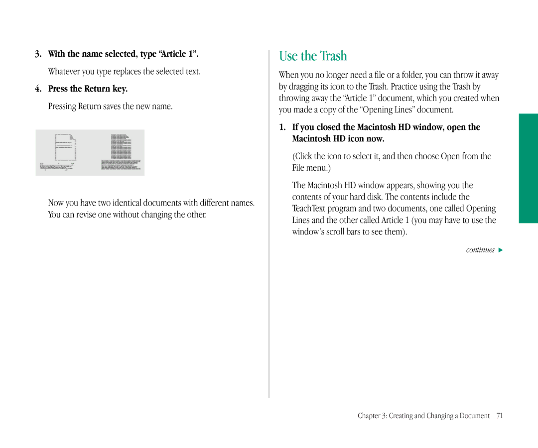 Apple 145B manual Use the Trash, Press the Return key, Pressing Return saves the new name 