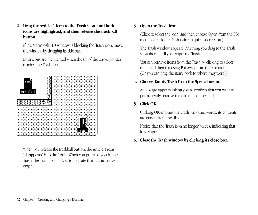 Apple 145B manual Open the Trash icon, Choose Empty Trash from the Special menu, Click OK 