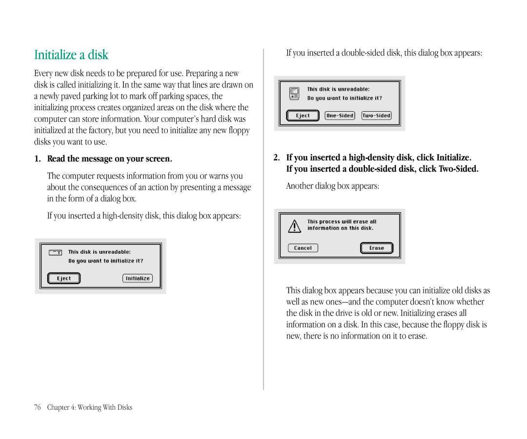 Apple 145B manual Initialize a disk, Read the message on your screen, Another dialog box appears 