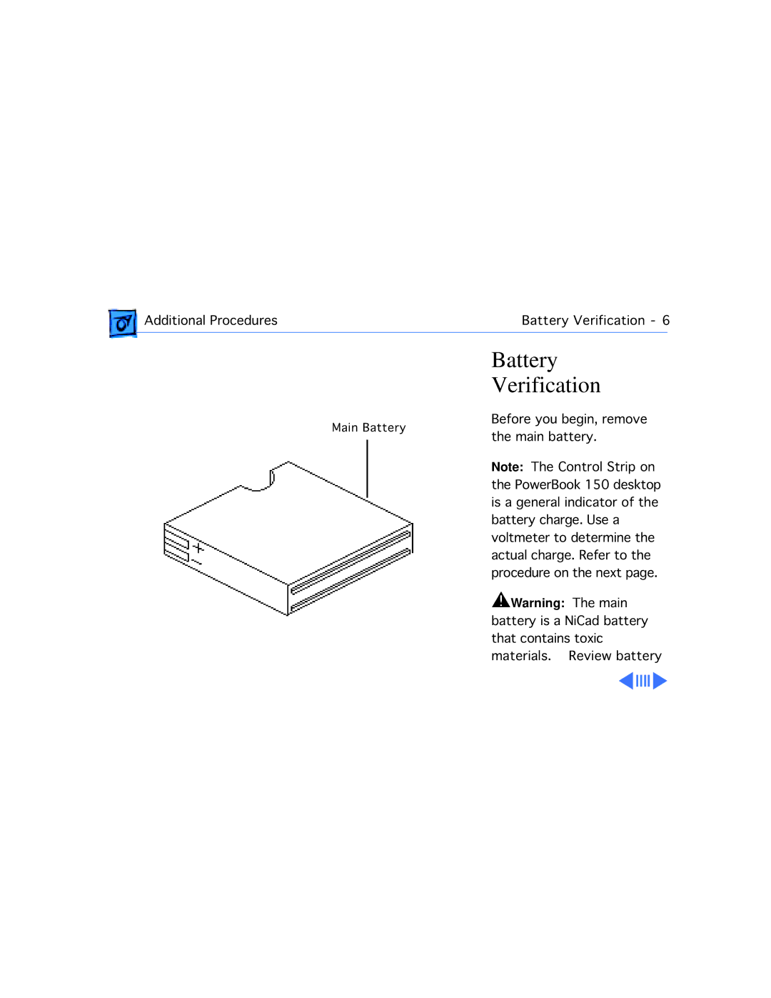 Apple 150 manual Battery, Verification 