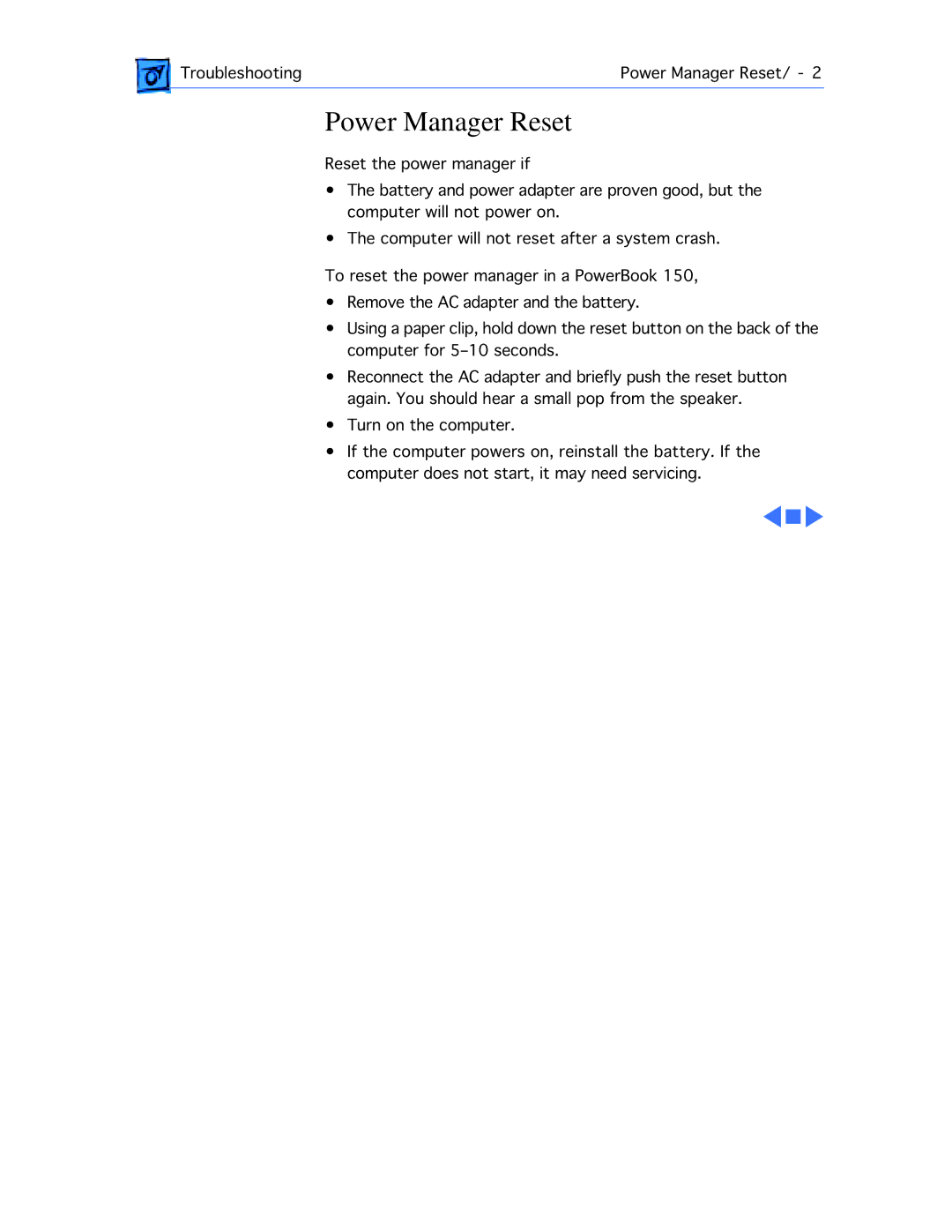 Apple 150 manual Power Manager Reset 