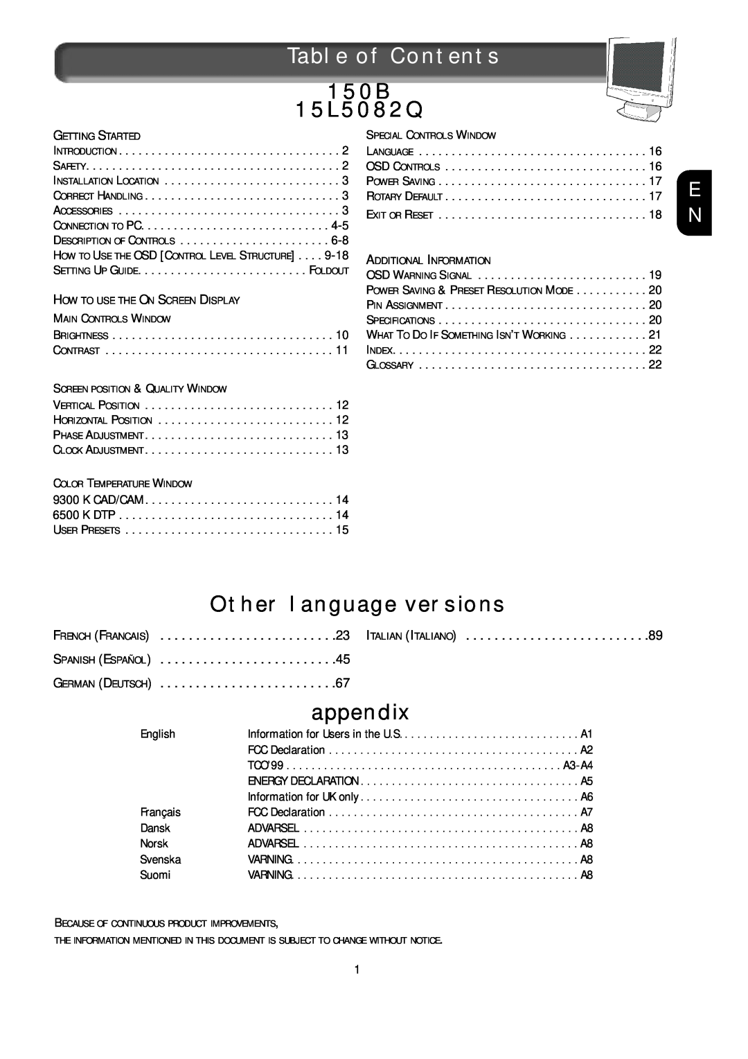 Apple appendix Table of Contents, English, Français, Dansk, Norsk, Svenska, Suomi, 150B 15L5082Q 