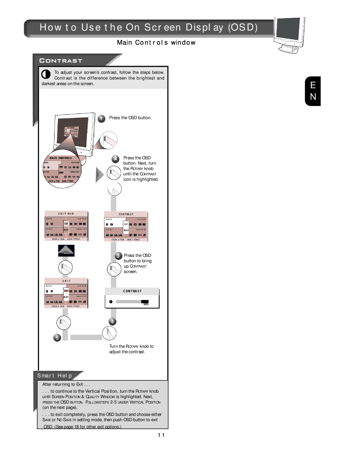 Apple 150B How to Use the On Screen Display OSD, Main Controls window, Smart Help, After returning to Exit, up CONTRAST 