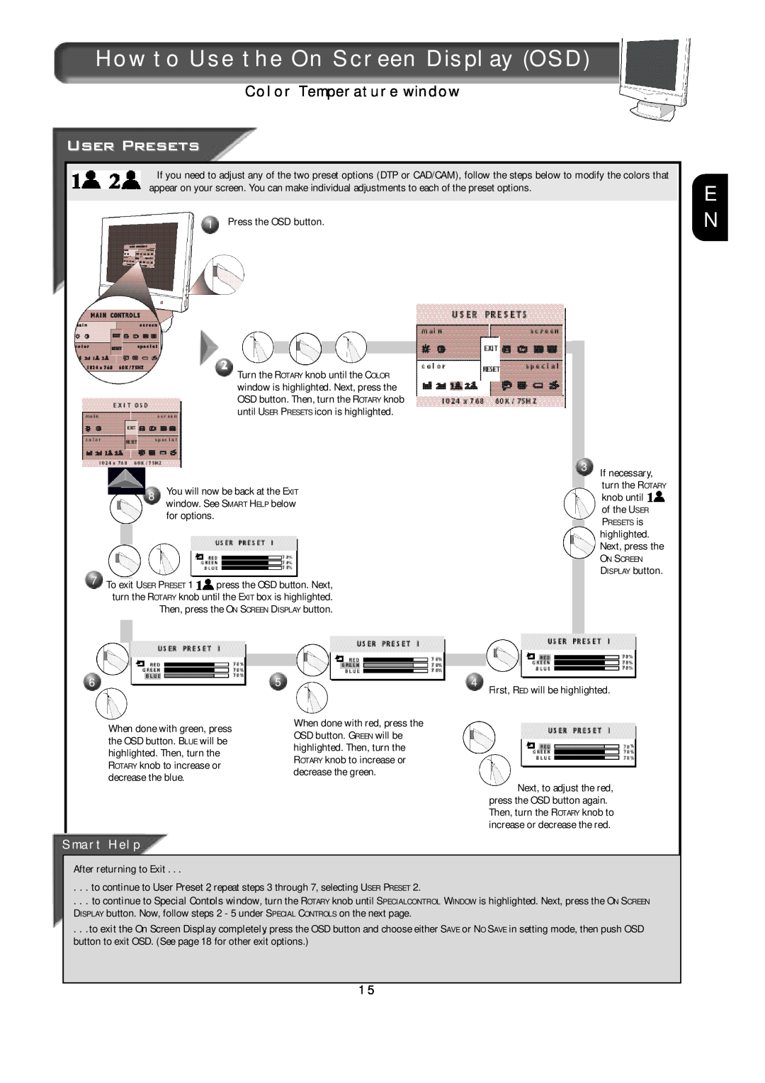Apple 150B How to Use the On Screen Display OSD, Color Temperature window, Smart Help, After returning to Exit, PRESETS is 