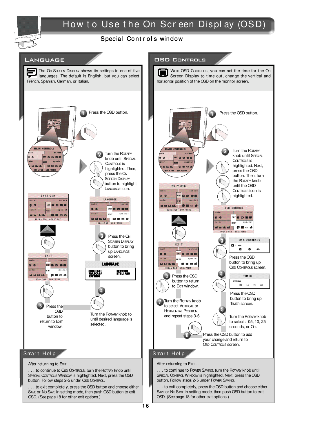 Apple 150B appendix Special Controls window, How to Use the On Screen Display OSD, Smart Help, After returning to EXIT 