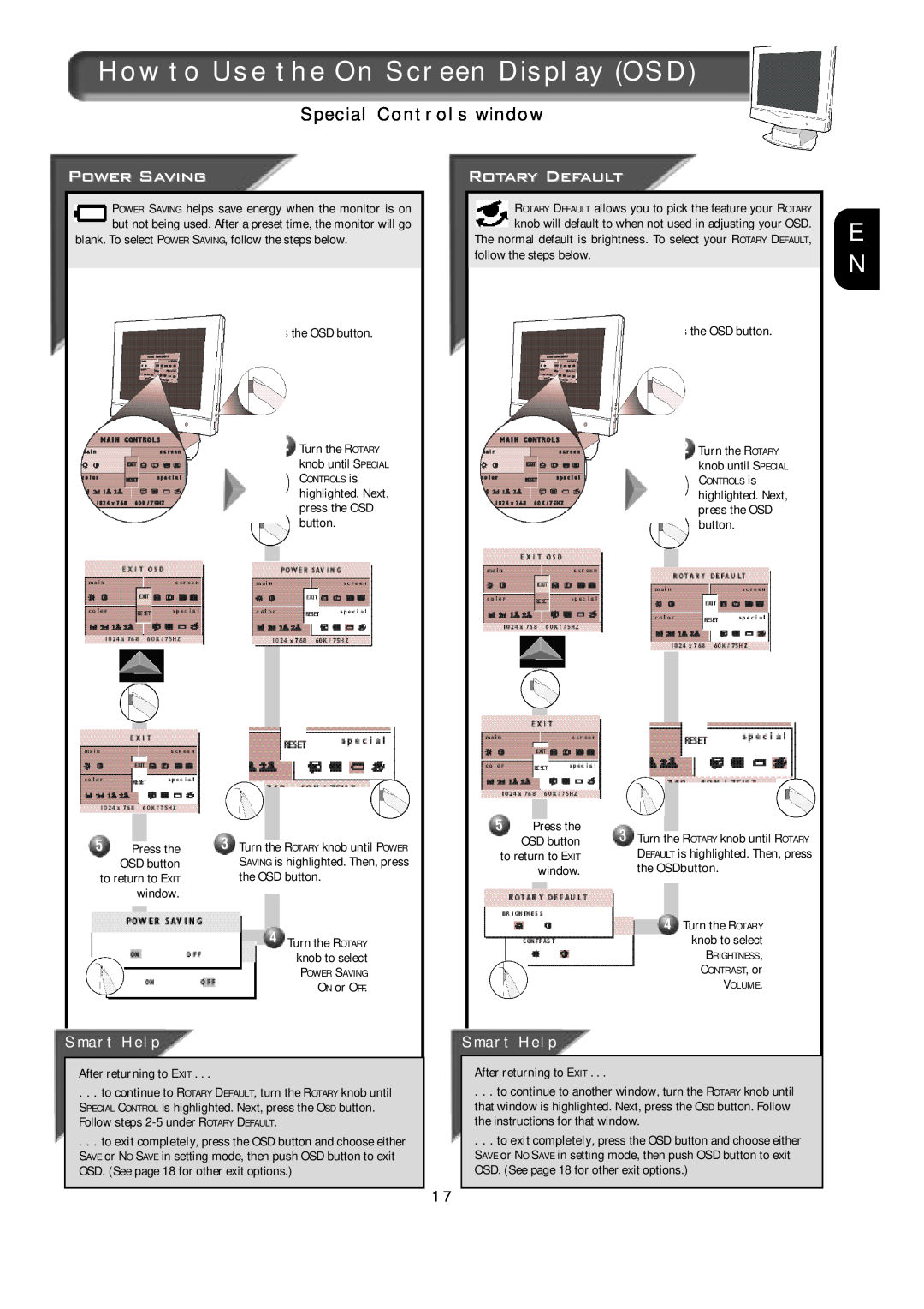 Apple 150B appendix How to Use the On Screen Display OSD, Special Controls window, Smart Help, After returning to EXIT 