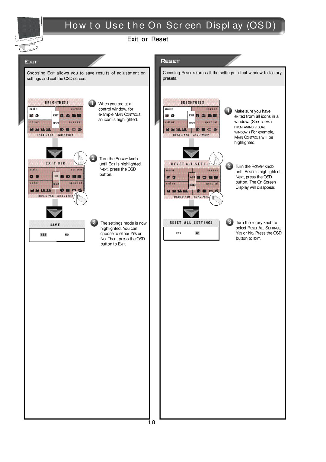 Apple 150B appendix Exit or Reset, How to Use the On Screen Display OSD 