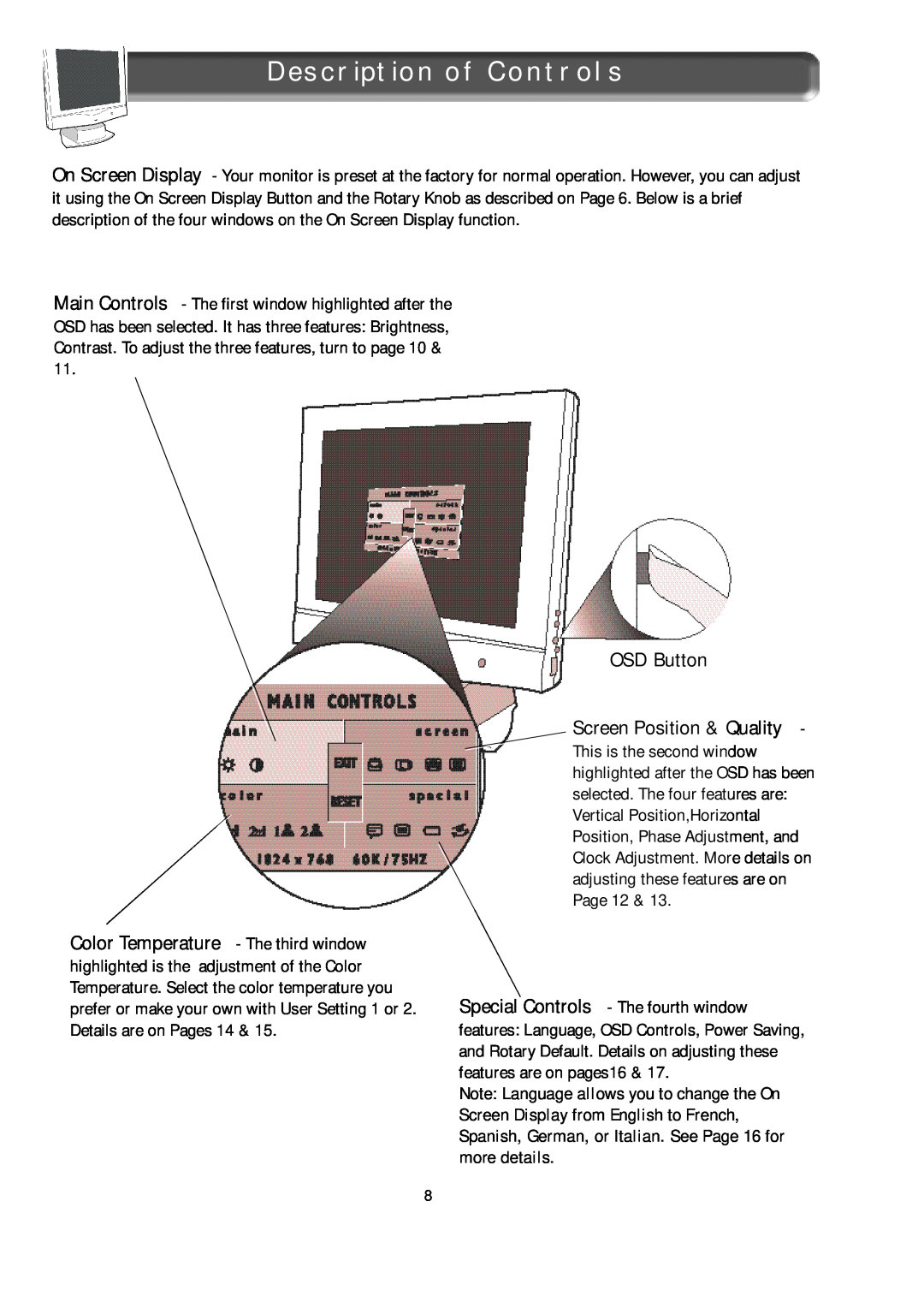 Apple 150B appendix OSD Button, Description of Controls 