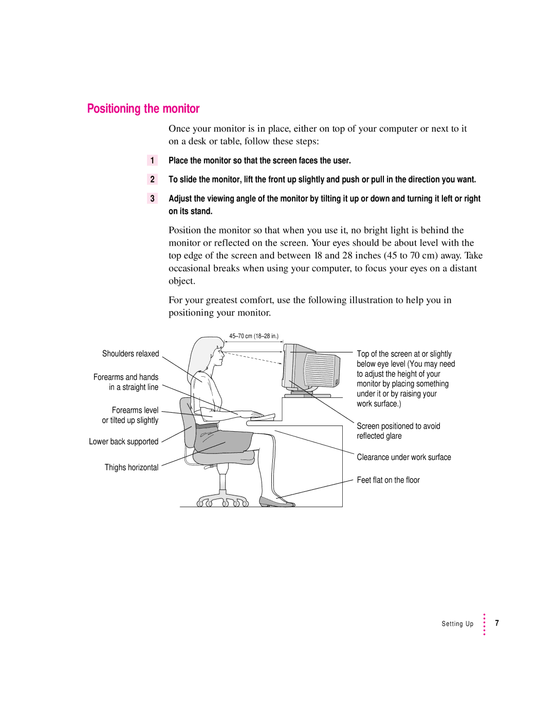 Apple 15AV manual Positioning the monitor, Shoulders relaxed 