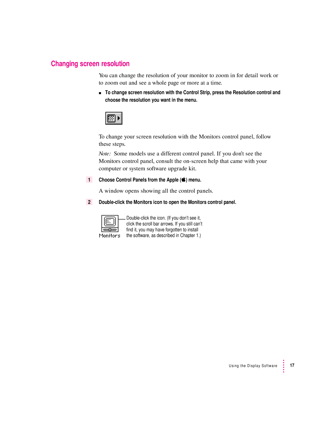 Apple 15AV manual Changing screen resolution, Window opens showing all the control panels 