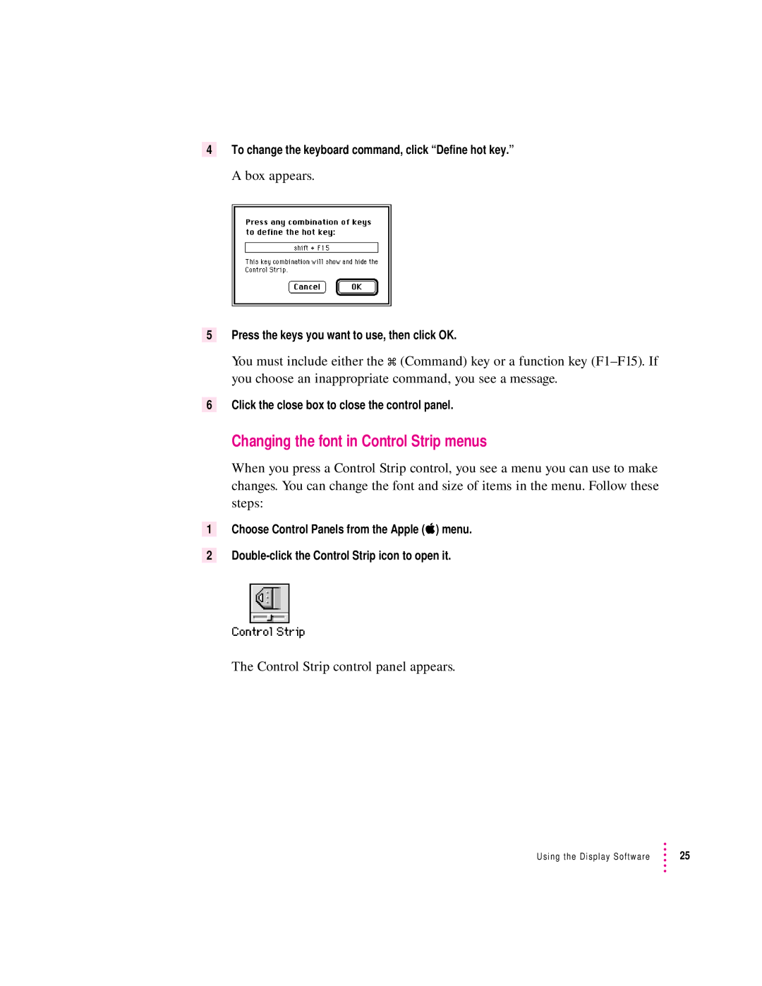 Apple 15AV manual Changing the font in Control Strip menus, Box appears 