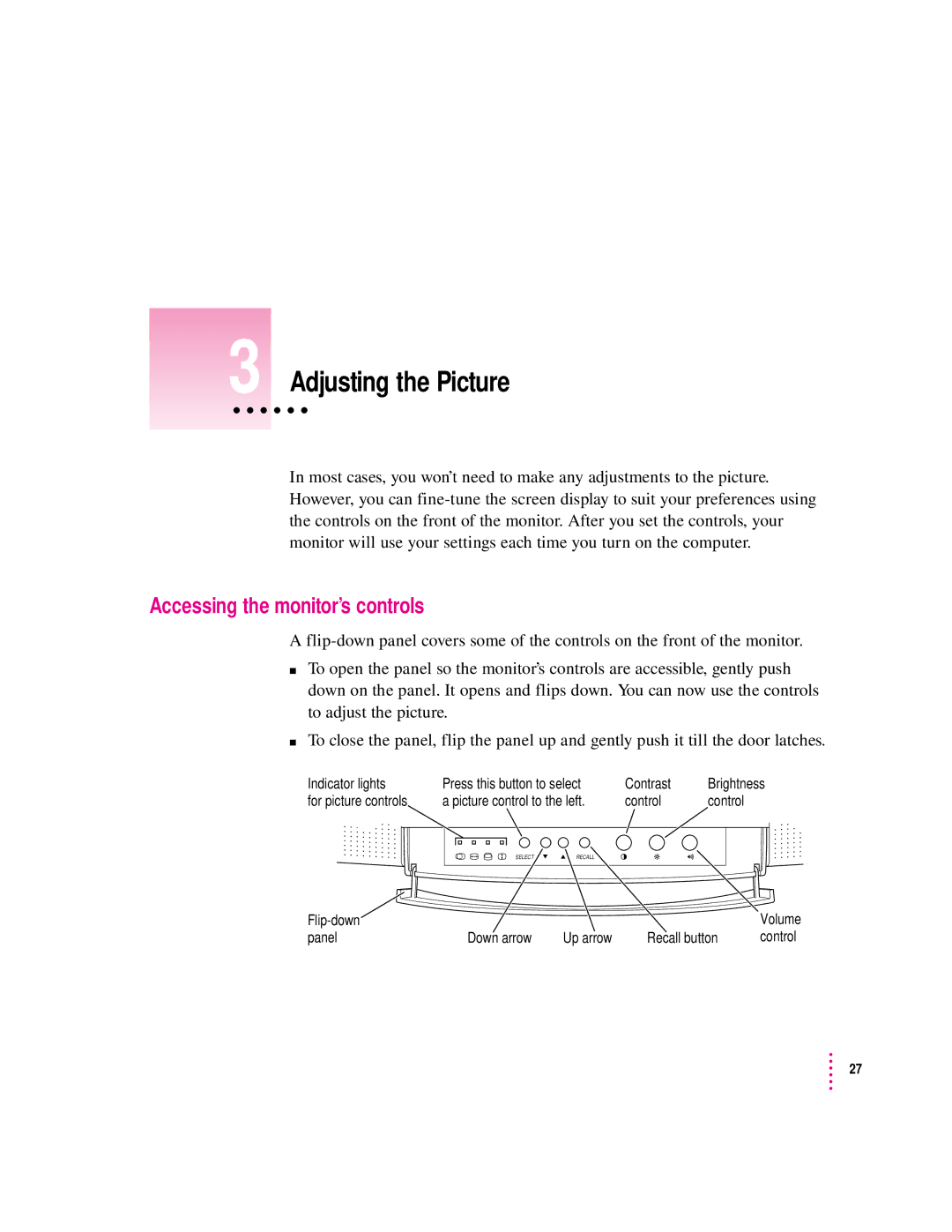 Apple 15AV manual Adjusting the Picture, Accessing the monitor’s controls 