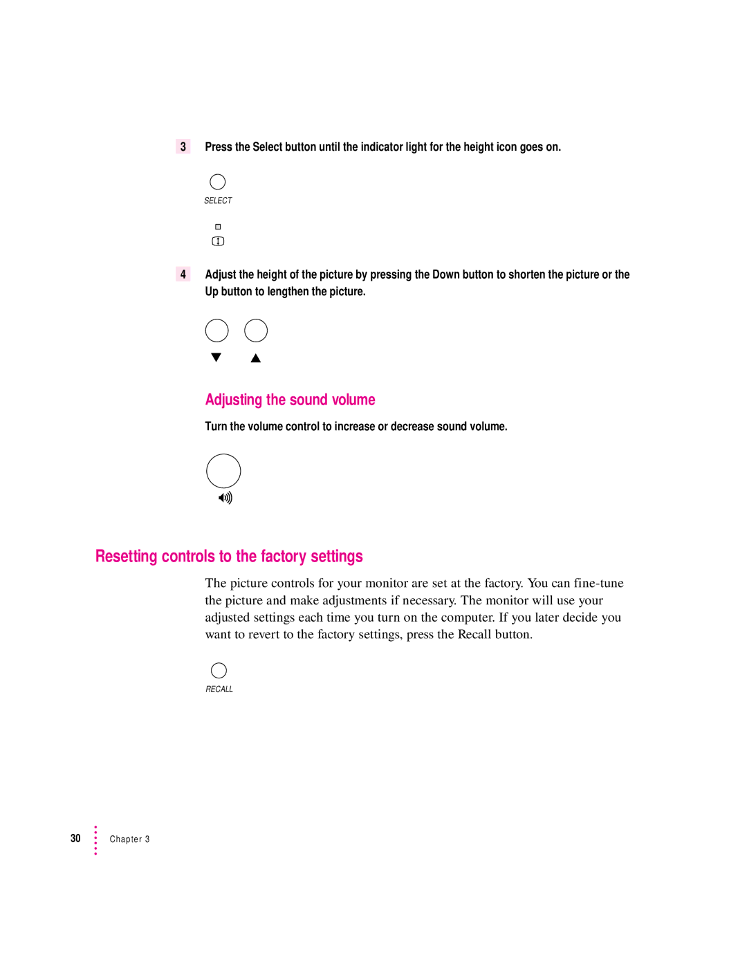 Apple 15AV manual Resetting controls to the factory settings, Adjusting the sound volume 