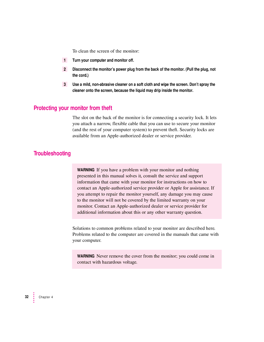 Apple 15AV manual Protecting your monitor from theft, Troubleshooting, To clean the screen of the monitor 