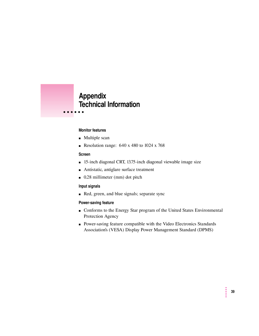 Apple 15AV manual Multiple scan Resolution range 640 x 480 to 1024 x, Red, green, and blue signals separate sync 