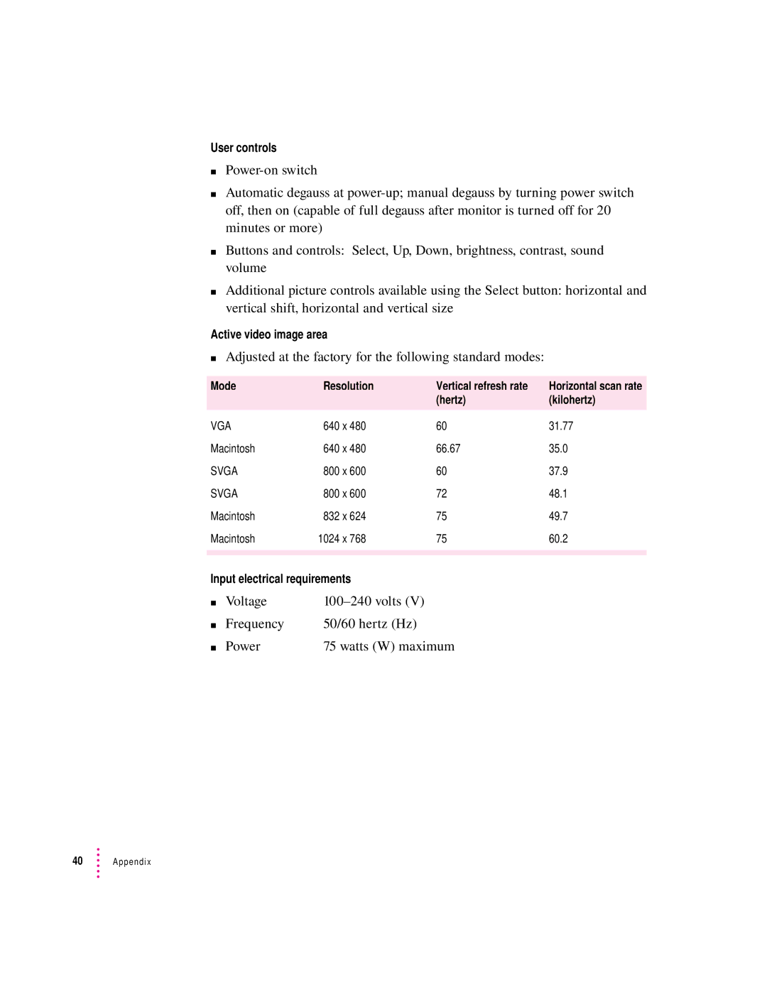 Apple 15AV manual Adjusted at the factory for the following standard modes 