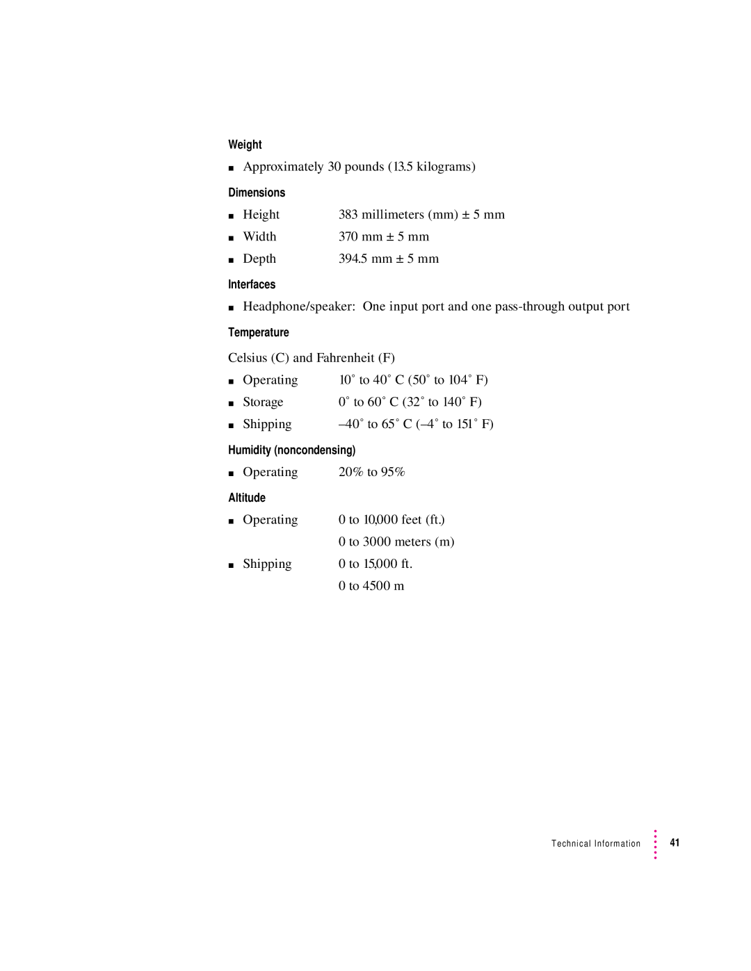 Apple 15AV manual Approximately 30 pounds 13.5 kilograms, Operating 20% to 95% 