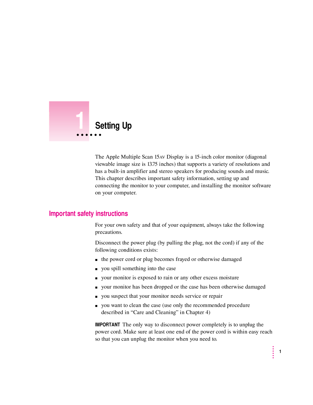 Apple 15AV manual Setting Up, Important safety instructions 