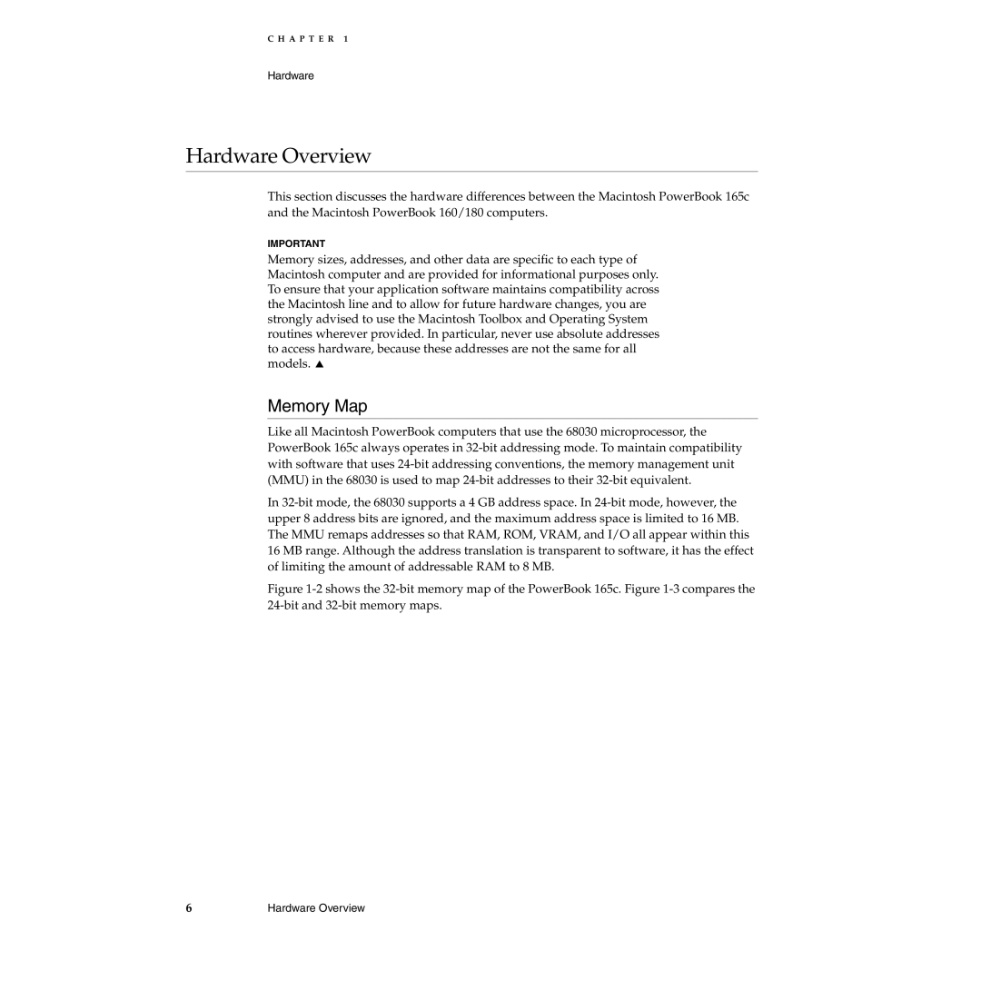 Apple 165c manual Hardware Overview, Memory Map 