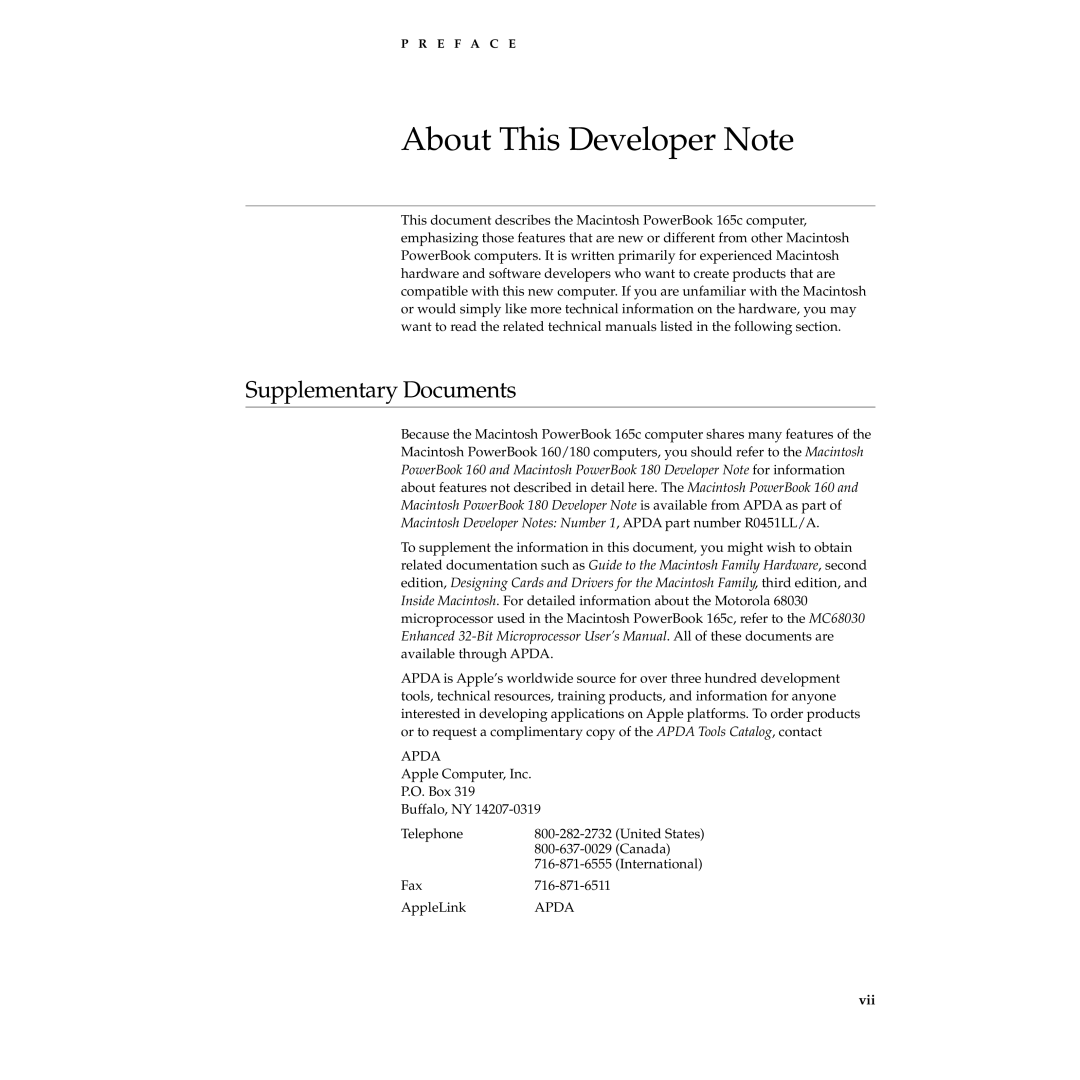 Apple 165c manual About This Developer Note, Supplementary Documents 