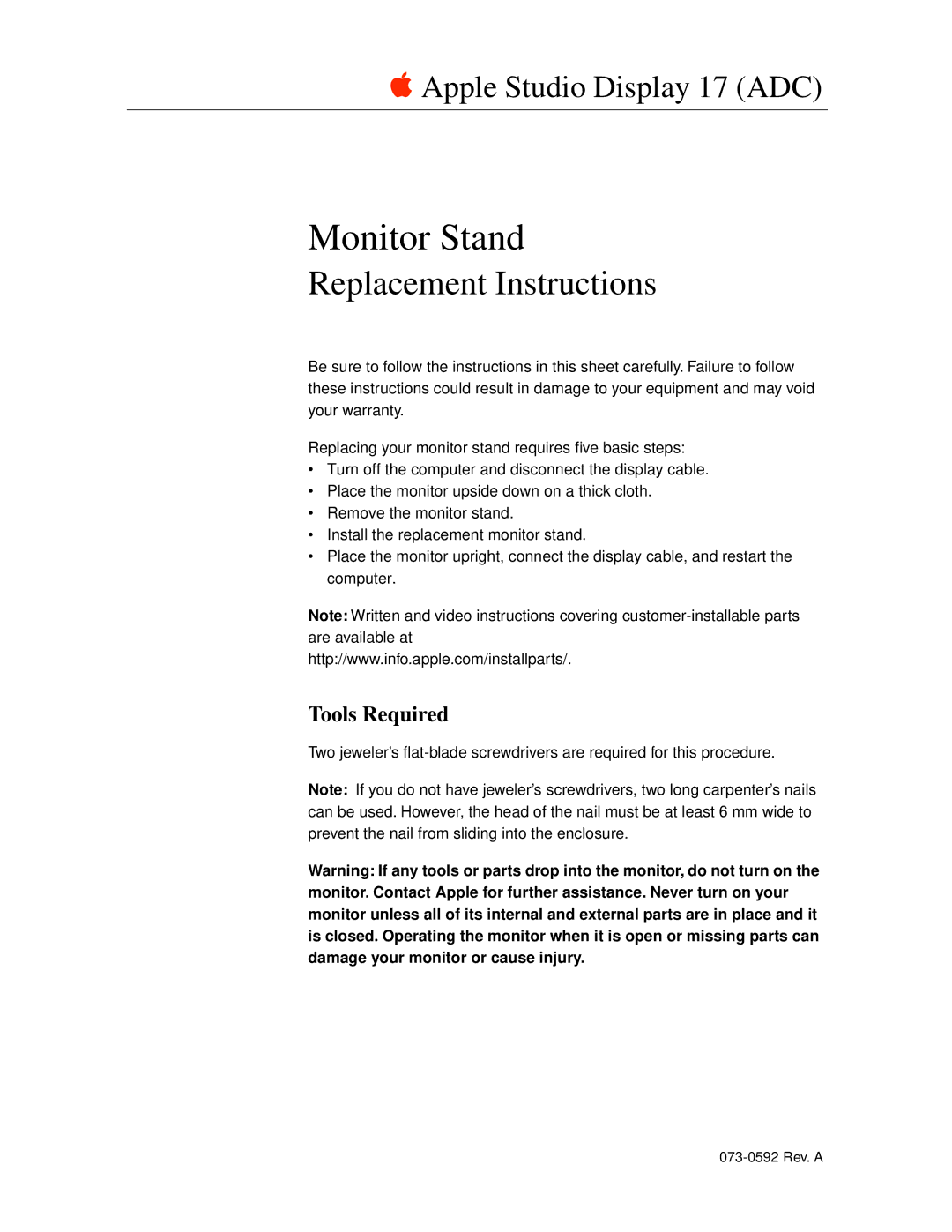 Apple 17 ADC warranty Monitor Stand, Tools Required 