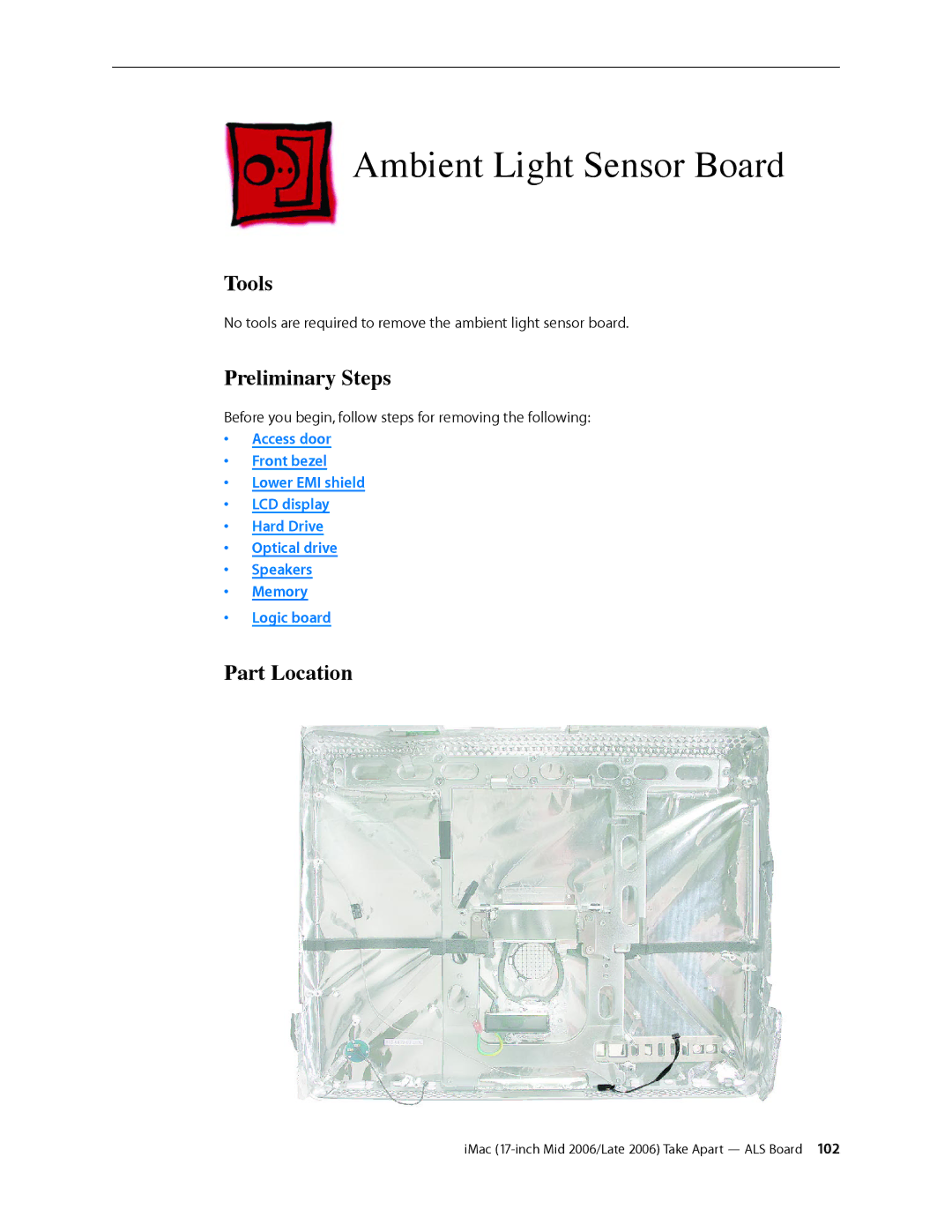 Apple 17-INCH MID 2006, 17-INCH LATE 2006 CD manual Ambient Light Sensor Board, Tools 