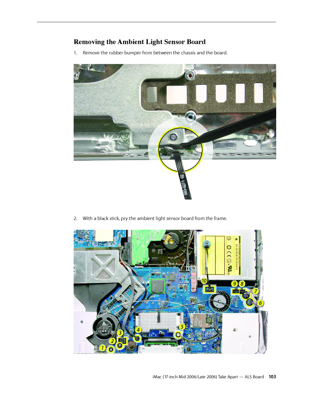 Apple 17-INCH LATE 2006 CD, 17-INCH MID 2006 manual Removing the Ambient Light Sensor Board 