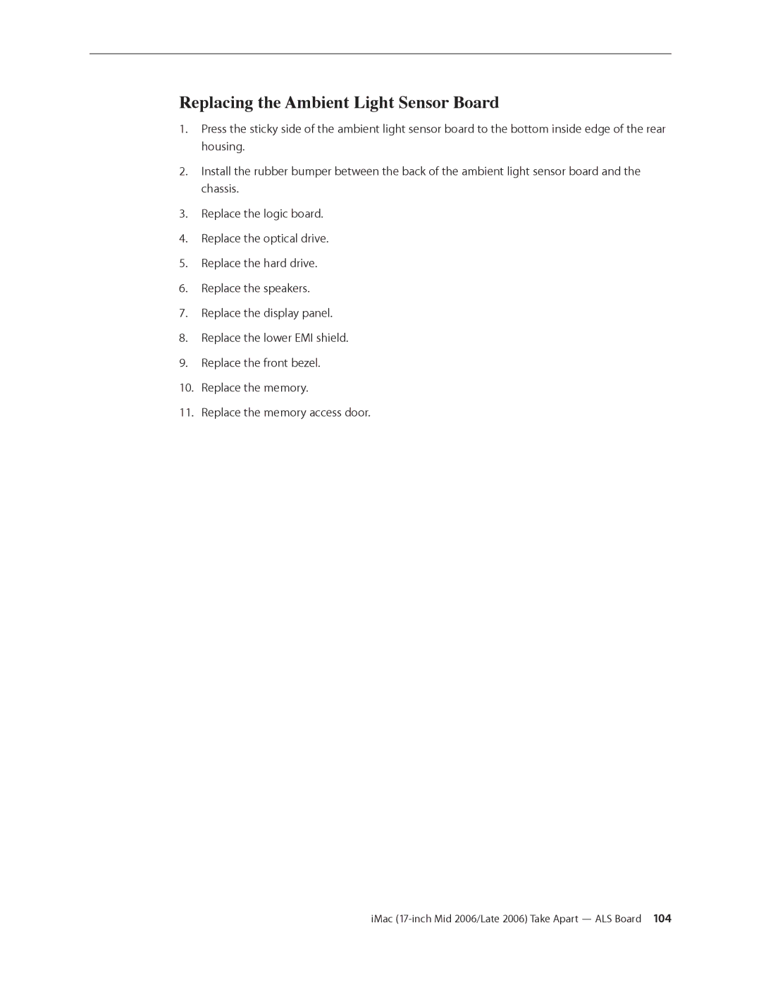 Apple 17-INCH MID 2006, 17-INCH LATE 2006 CD manual Replacing the Ambient Light Sensor Board 