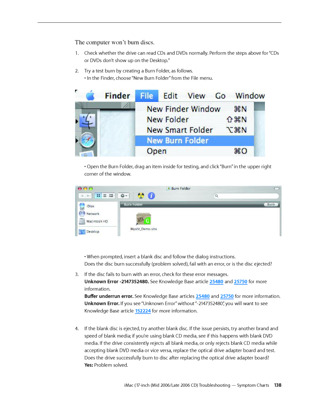 Apple 17-INCH MID 2006, 17-INCH LATE 2006 CD manual Computer won’t burn discs 