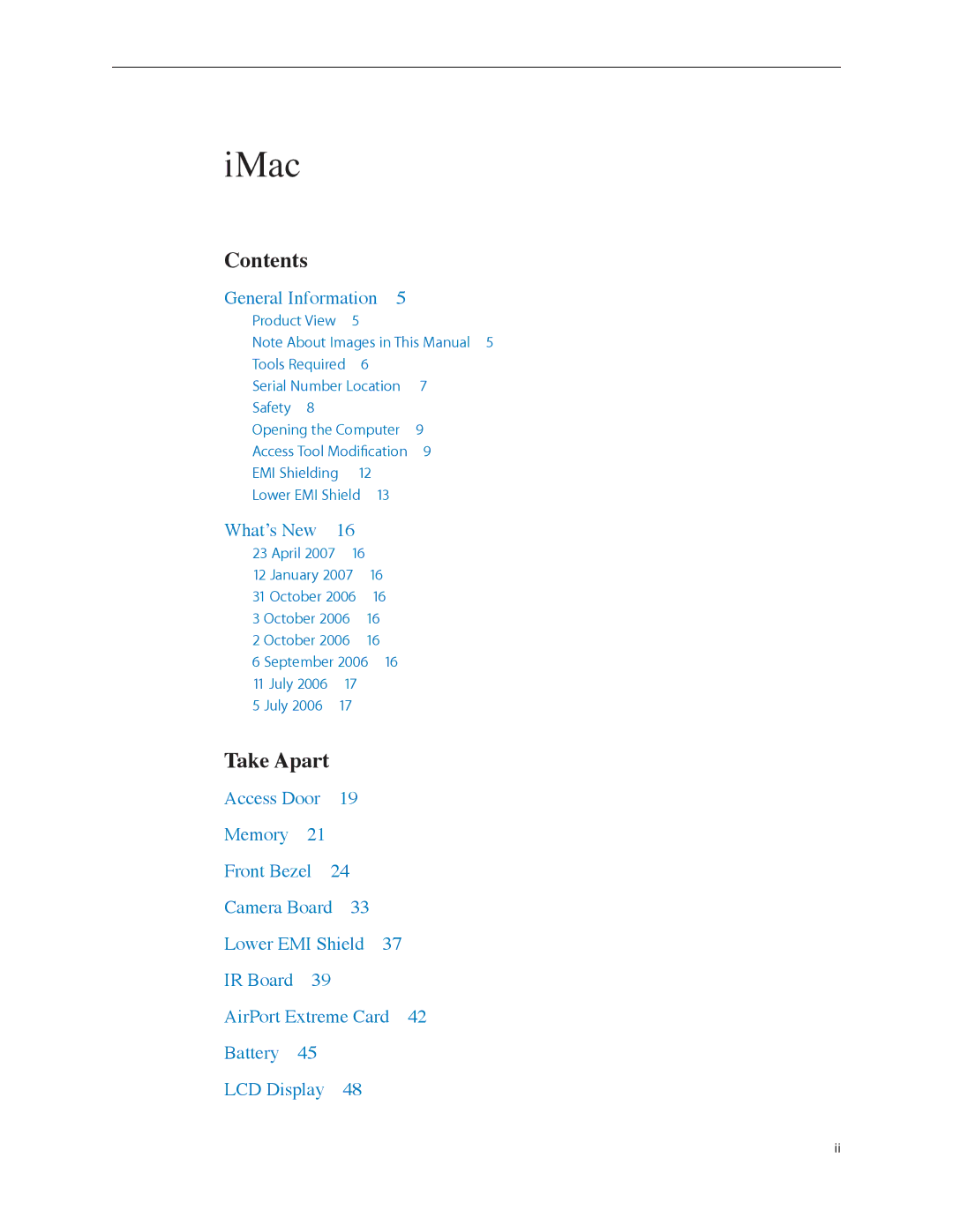 Apple 17-INCH MID 2006, 17-INCH LATE 2006 CD manual Contents, Take Apart 