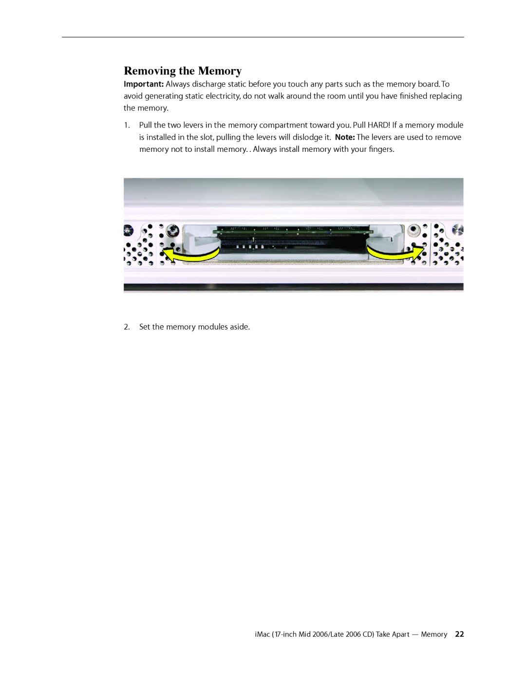 Apple 17-INCH MID 2006, 17-INCH LATE 2006 CD manual Removing the Memory 