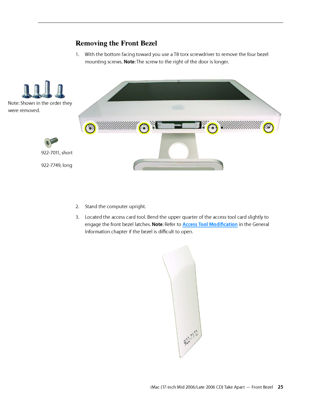 Apple 17-INCH LATE 2006 CD, 17-INCH MID 2006 manual Removing the Front Bezel 