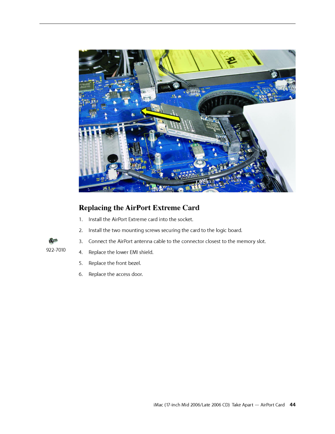 Apple 17-INCH MID 2006, 17-INCH LATE 2006 CD manual Replacing the AirPort Extreme Card 