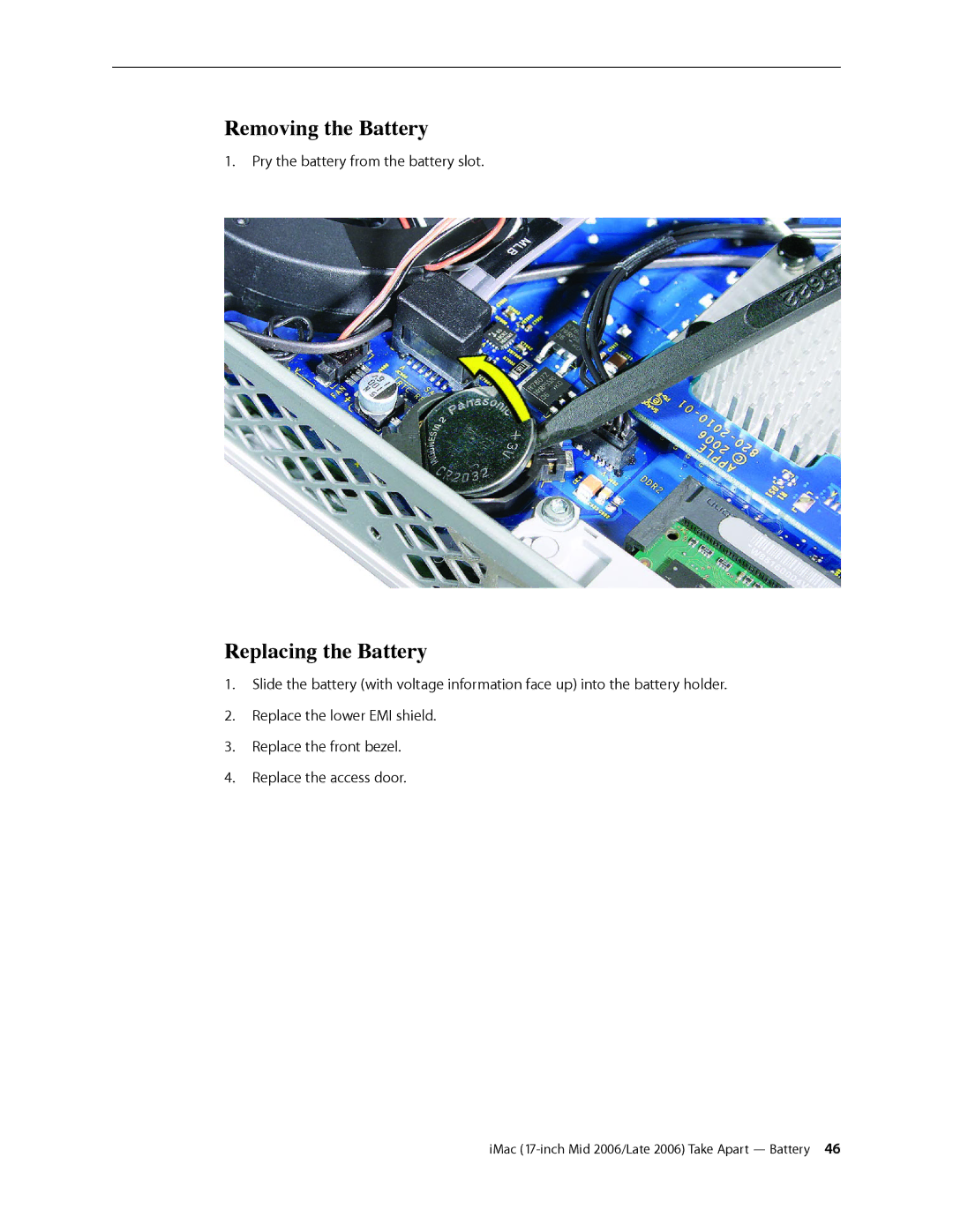 Apple 17-INCH MID 2006, 17-INCH LATE 2006 CD manual Removing the Battery, Replacing the Battery 