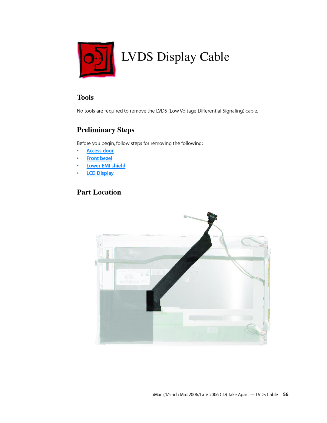 Apple 17-INCH MID 2006, 17-INCH LATE 2006 CD manual Lvds Display Cable, Tools 