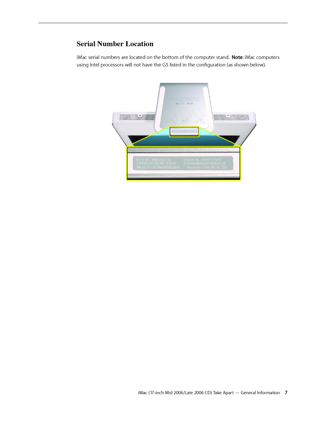 Apple 17-INCH LATE 2006 CD, 17-INCH MID 2006 manual Serial Number Location 