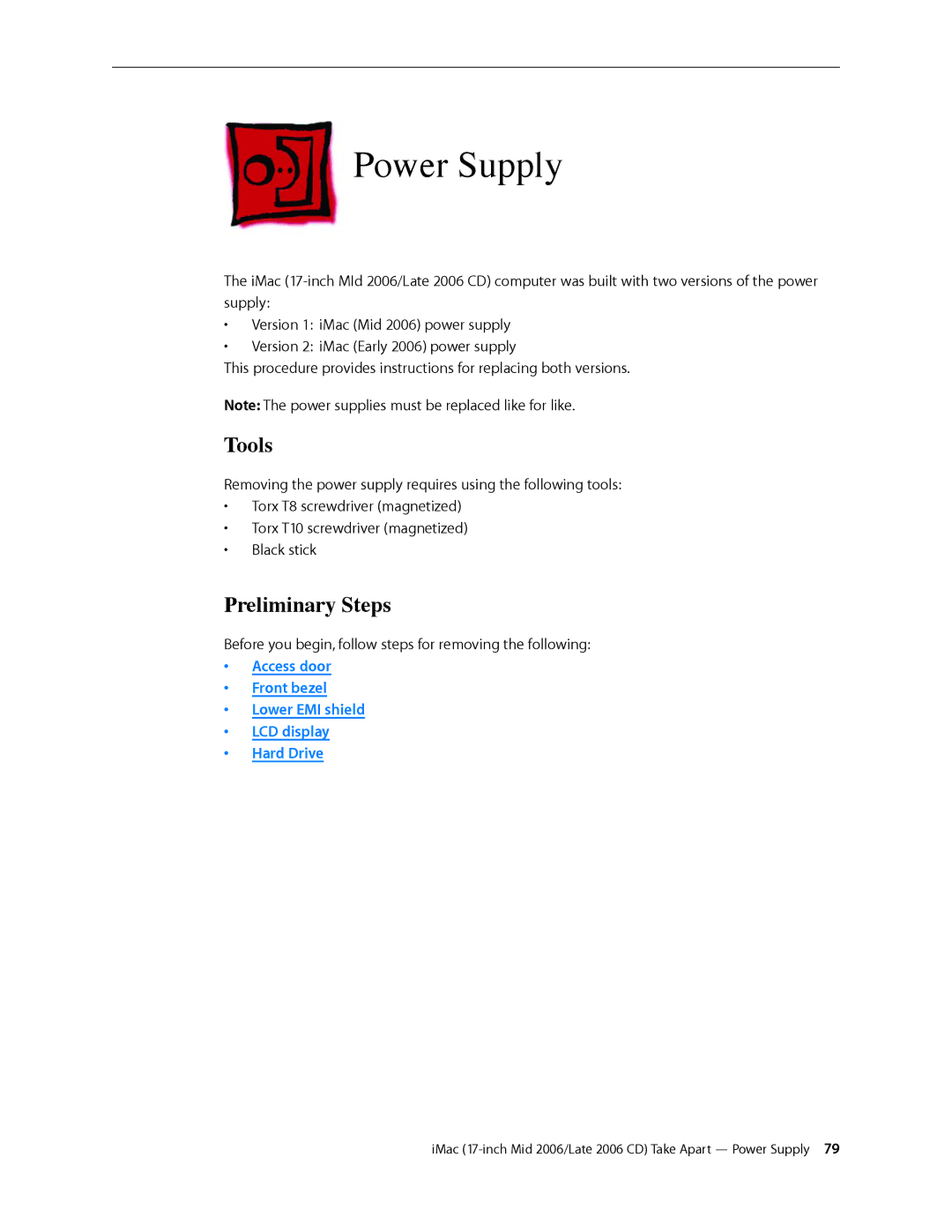 Apple 17-INCH LATE 2006 CD, 17-INCH MID 2006 manual Power Supply, Tools 