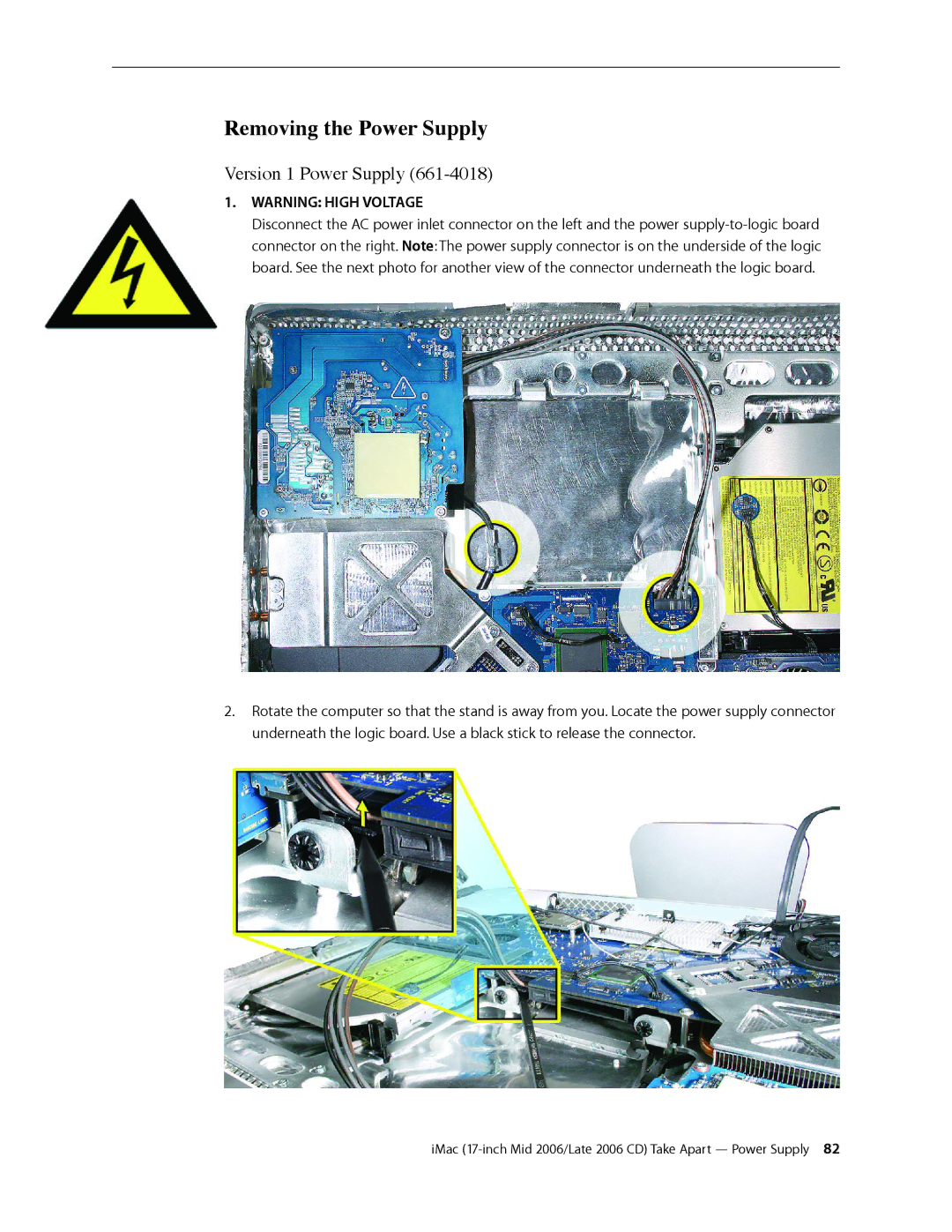 Apple 17-INCH MID 2006, 17-INCH LATE 2006 CD manual Removing the Power Supply, Version 1 Power Supply 