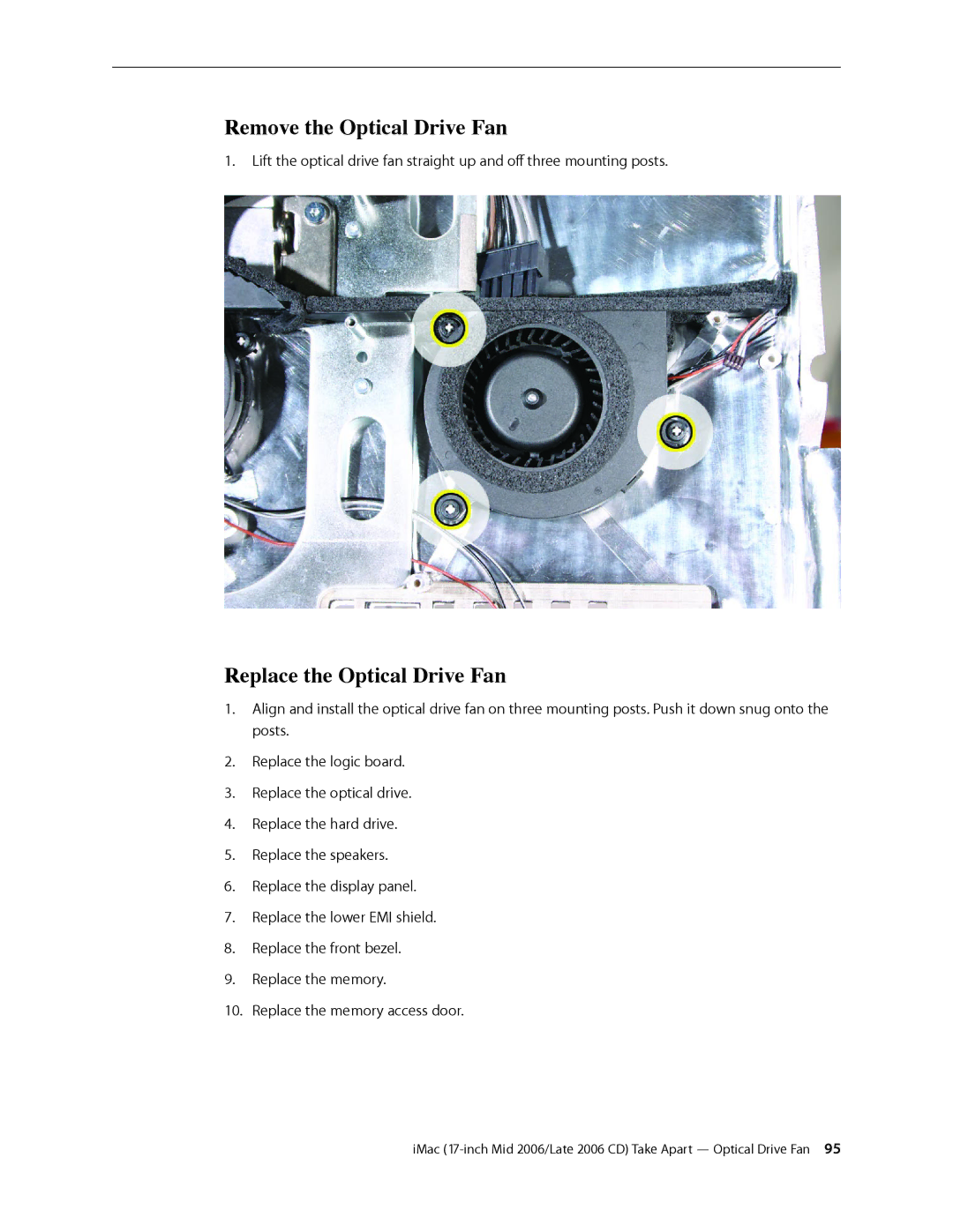 Apple 17-INCH LATE 2006 CD, 17-INCH MID 2006 manual Remove the Optical Drive Fan, Replace the Optical Drive Fan 