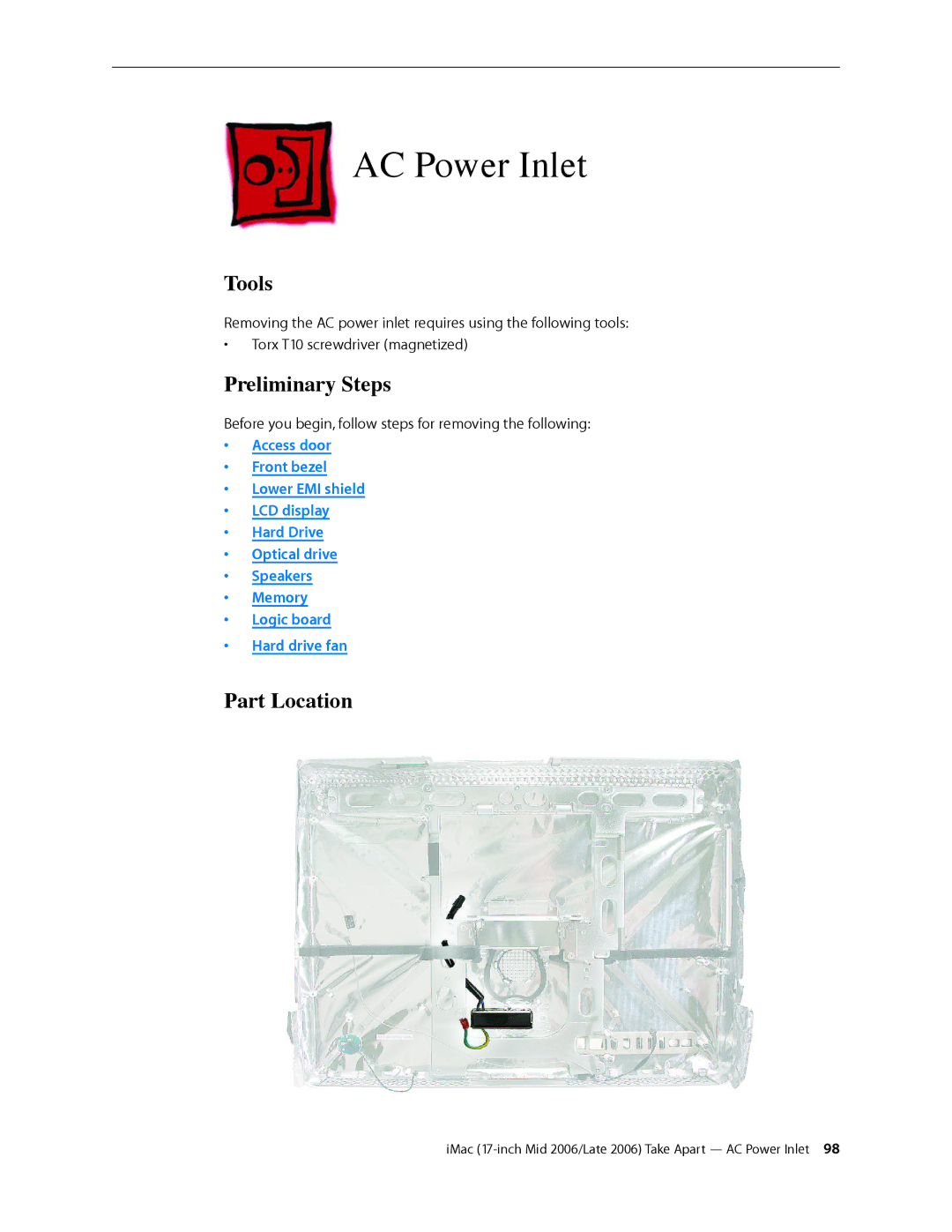 Apple 17-INCH MID 2006, 17-INCH LATE 2006 CD manual AC Power Inlet 