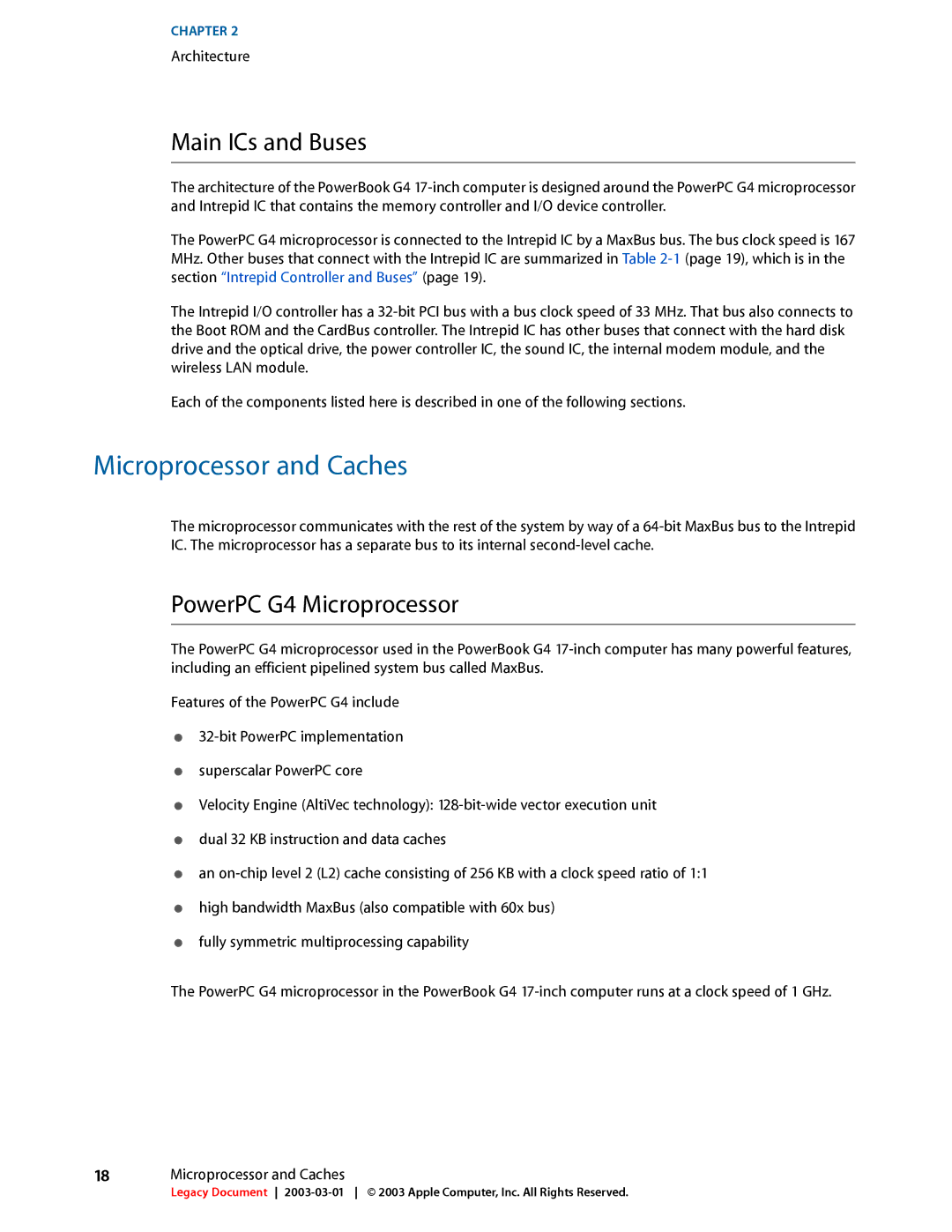 Apple 17-INCH manual Microprocessor and Caches, Main ICs and Buses, PowerPC G4 Microprocessor 