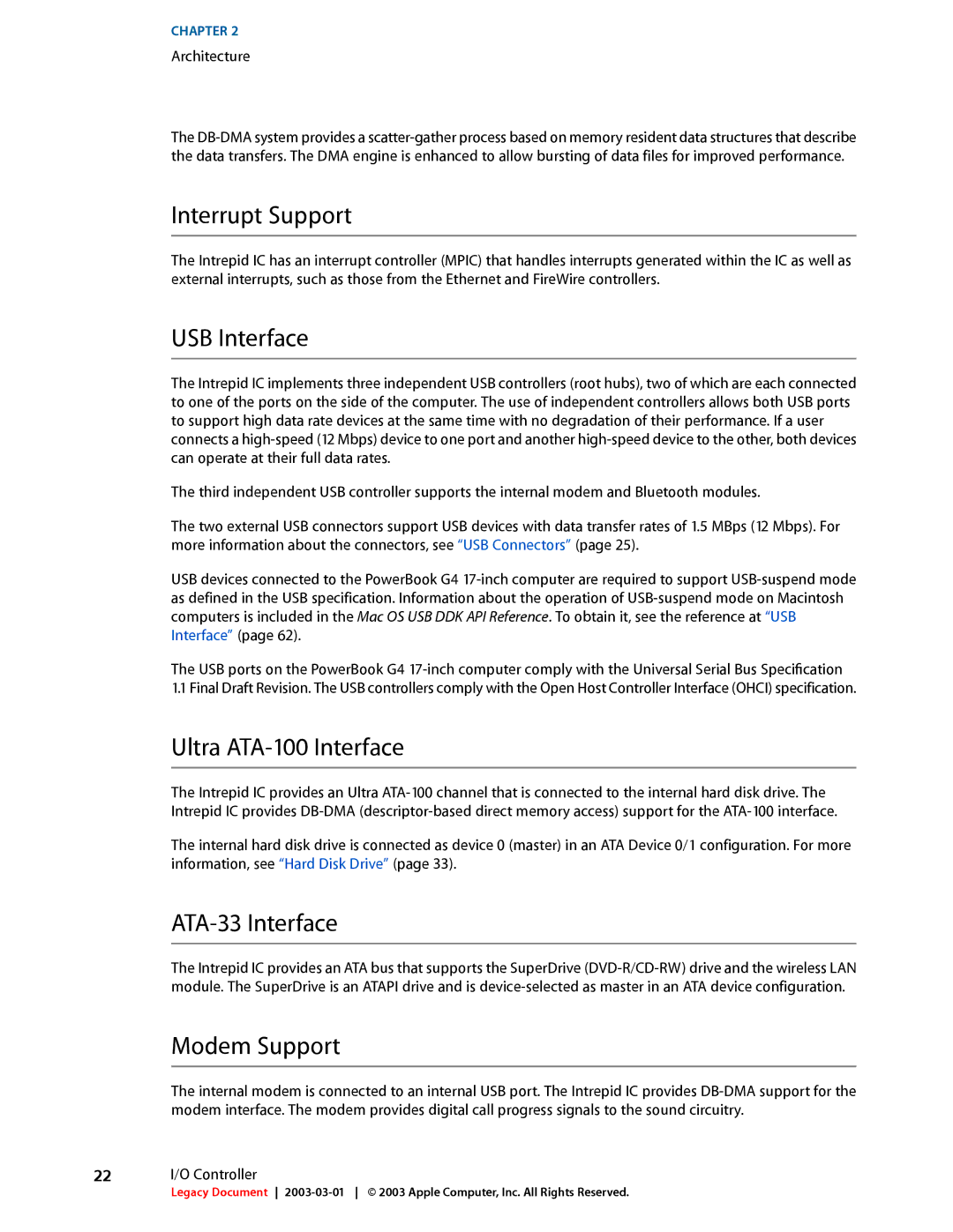 Apple 17-INCH manual Interrupt Support, USB Interface, Ultra ATA-100 Interface, ATA-33 Interface, Modem Support 