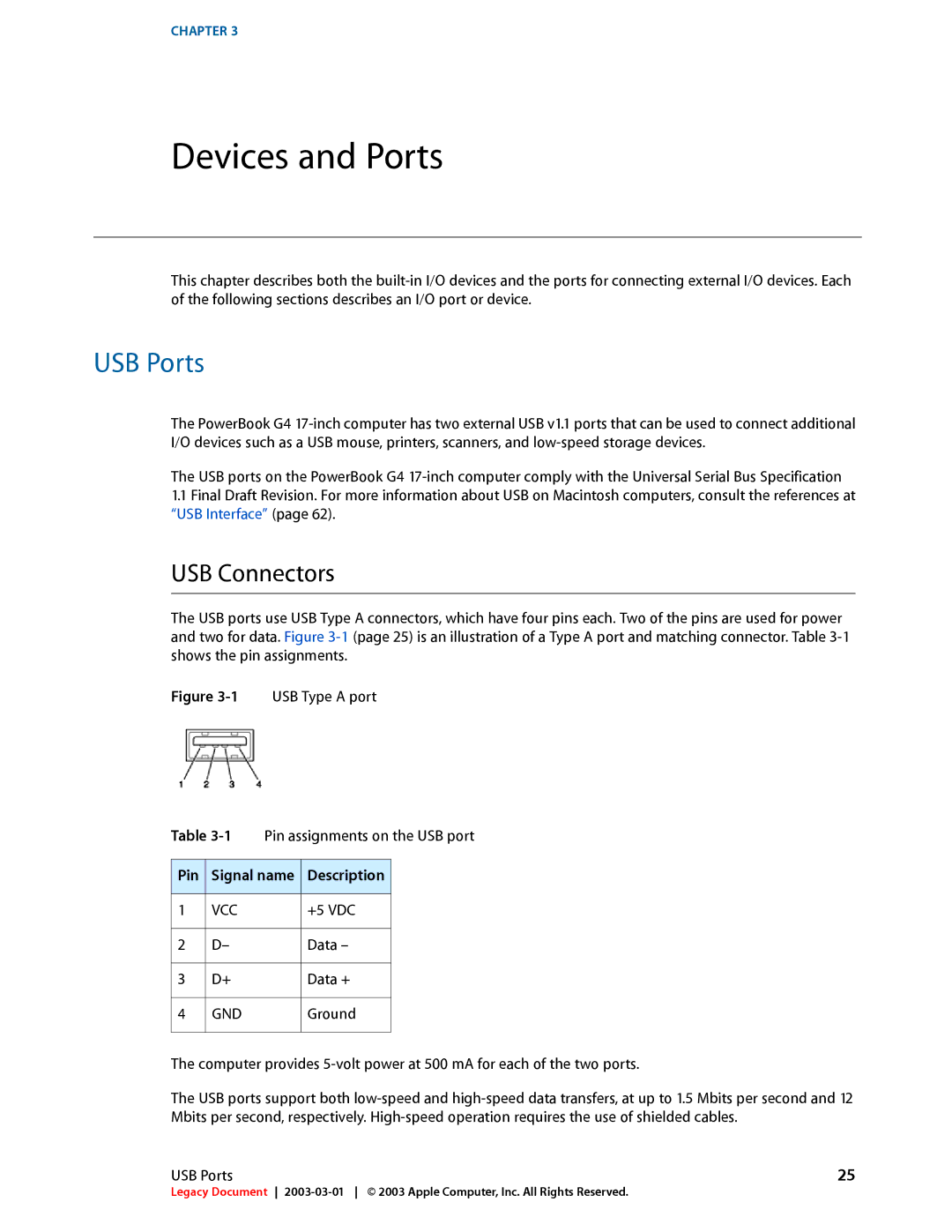 Apple 17-INCH manual USB Ports, USB Connectors, Pin Signal name, Vcc, Gnd 