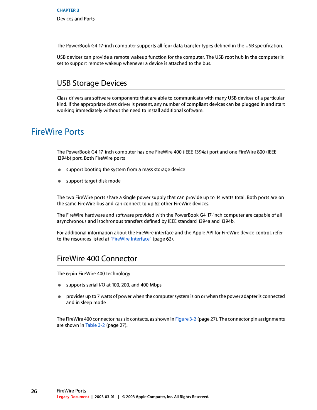 Apple 17-INCH manual FireWire Ports, USB Storage Devices, FireWire 400 Connector 