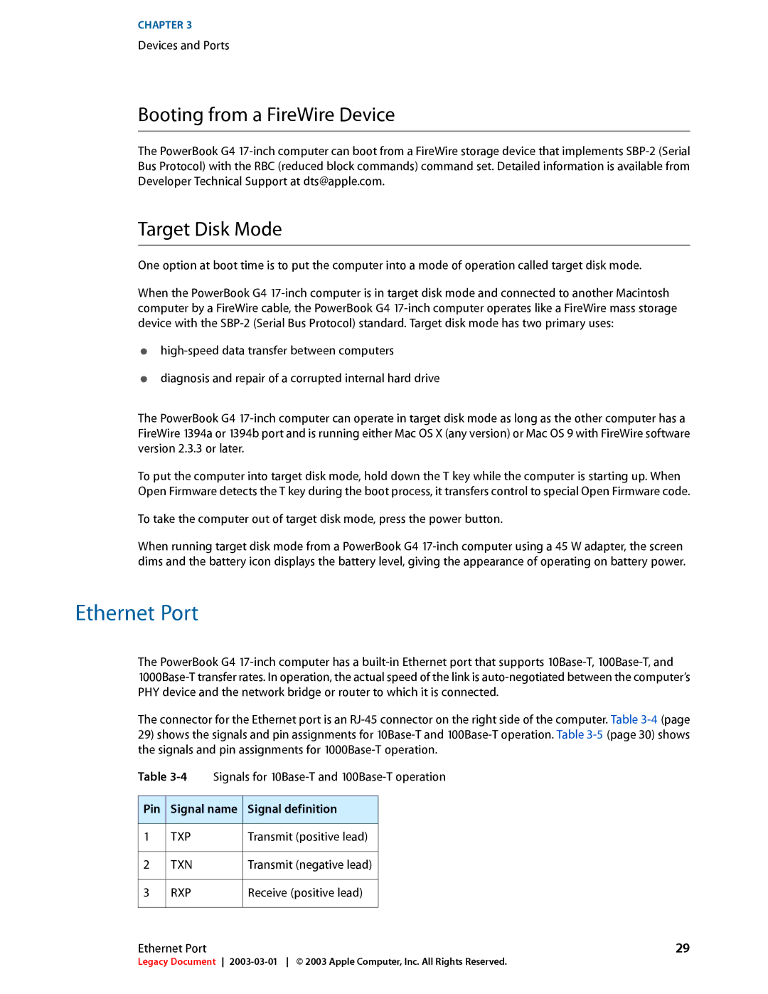 Apple 17-INCH manual Ethernet Port, Booting from a FireWire Device, Target Disk Mode, Pin Signal name Signal definition 