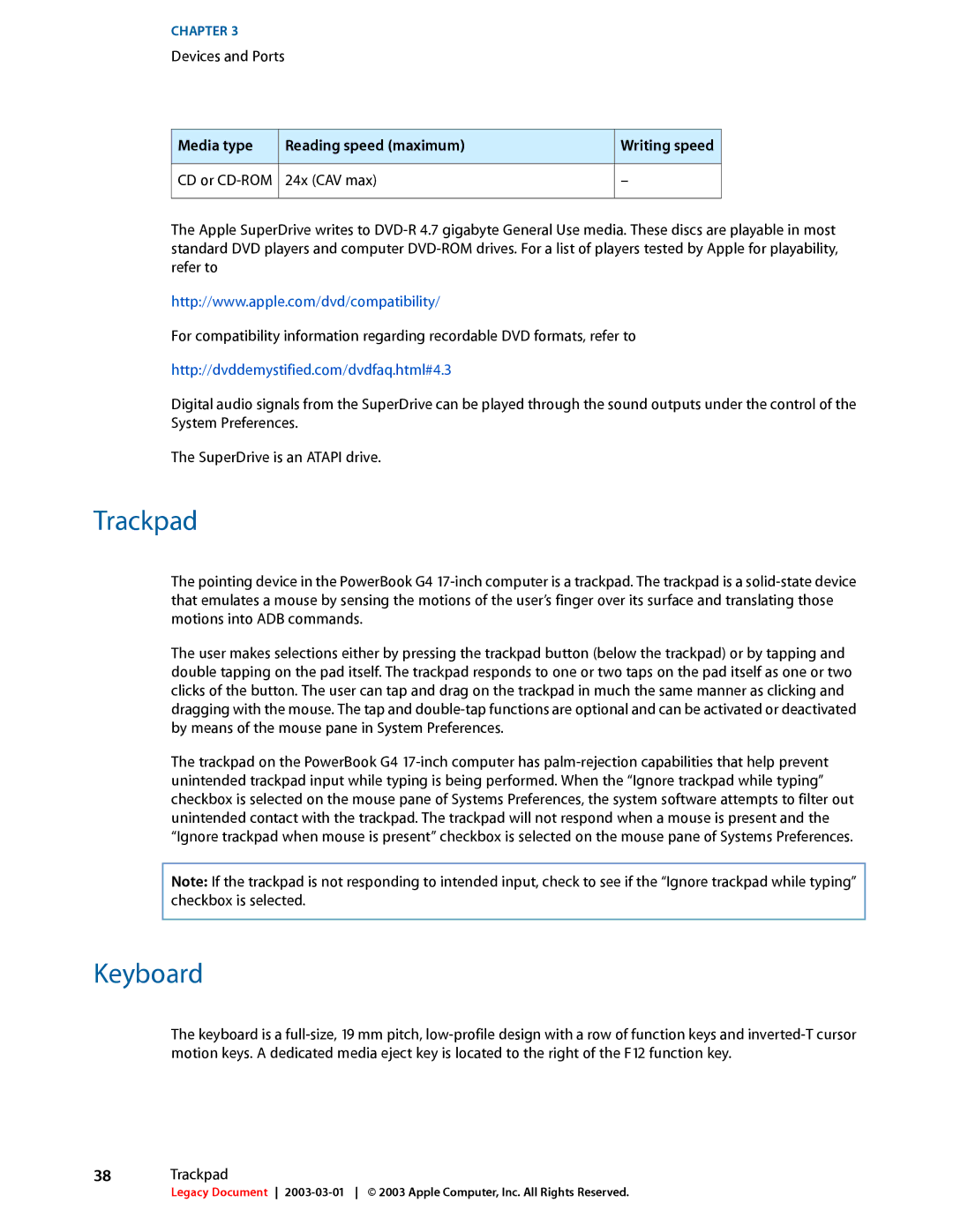 Apple 17-INCH manual Trackpad, Keyboard, Media type Reading speed maximum 