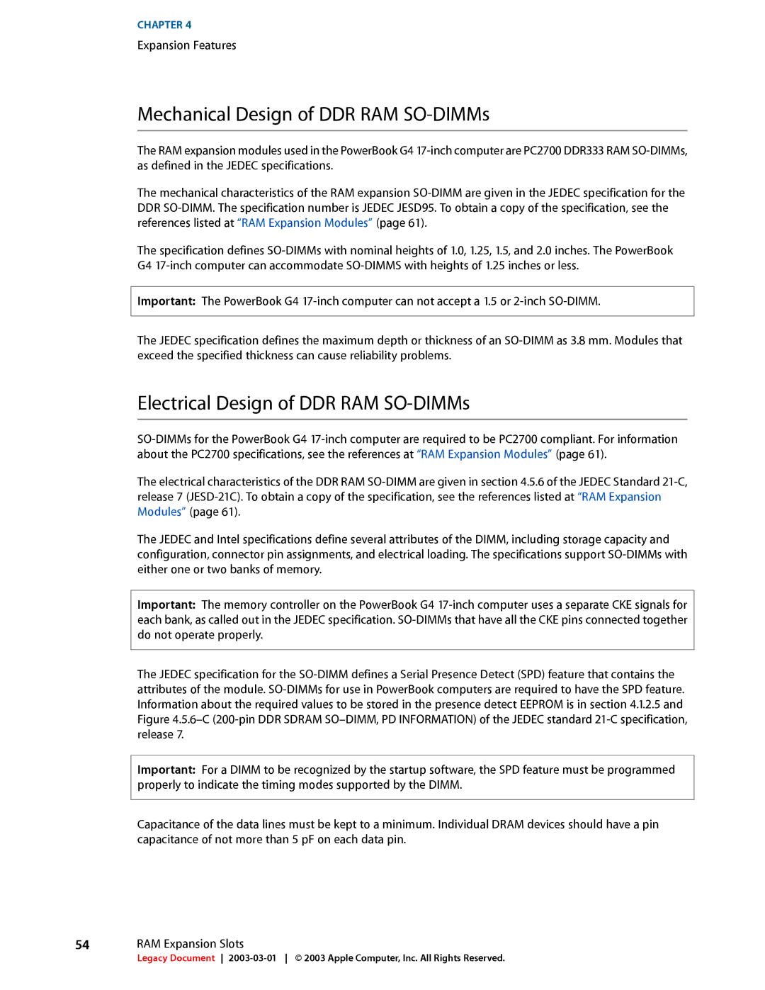 Apple 17-INCH manual Mechanical Design of DDR RAM SO-DIMMs, Electrical Design of DDR RAM SO-DIMMs 