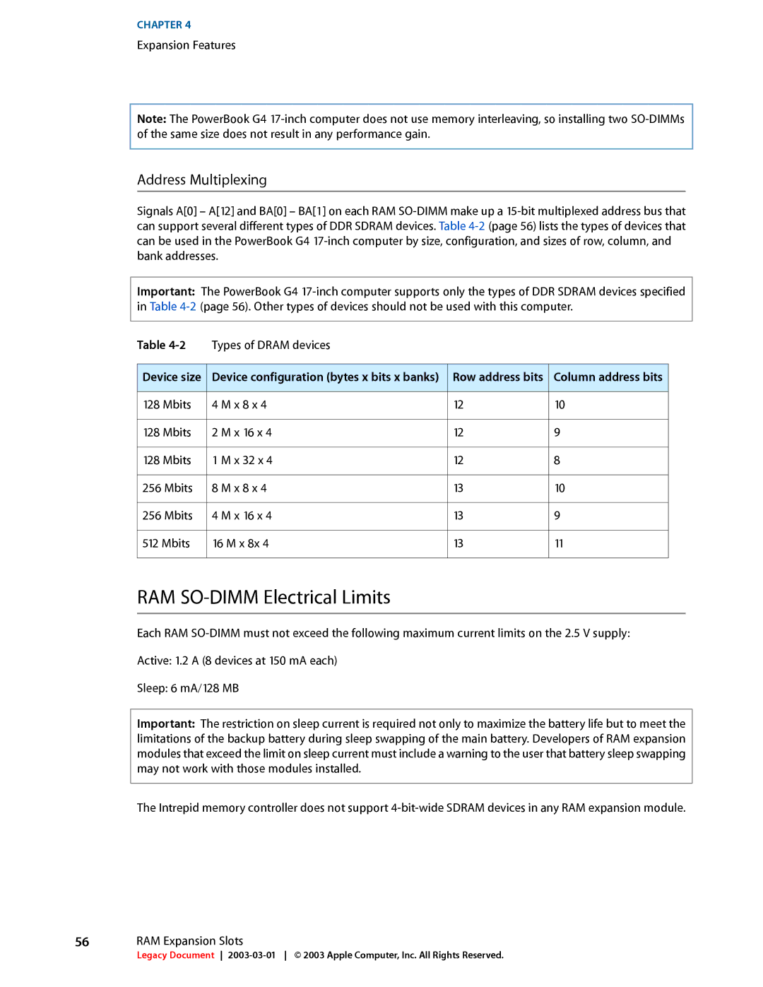 Apple 17-INCH manual RAM SO-DIMM Electrical Limits, Address Multiplexing, Device size 