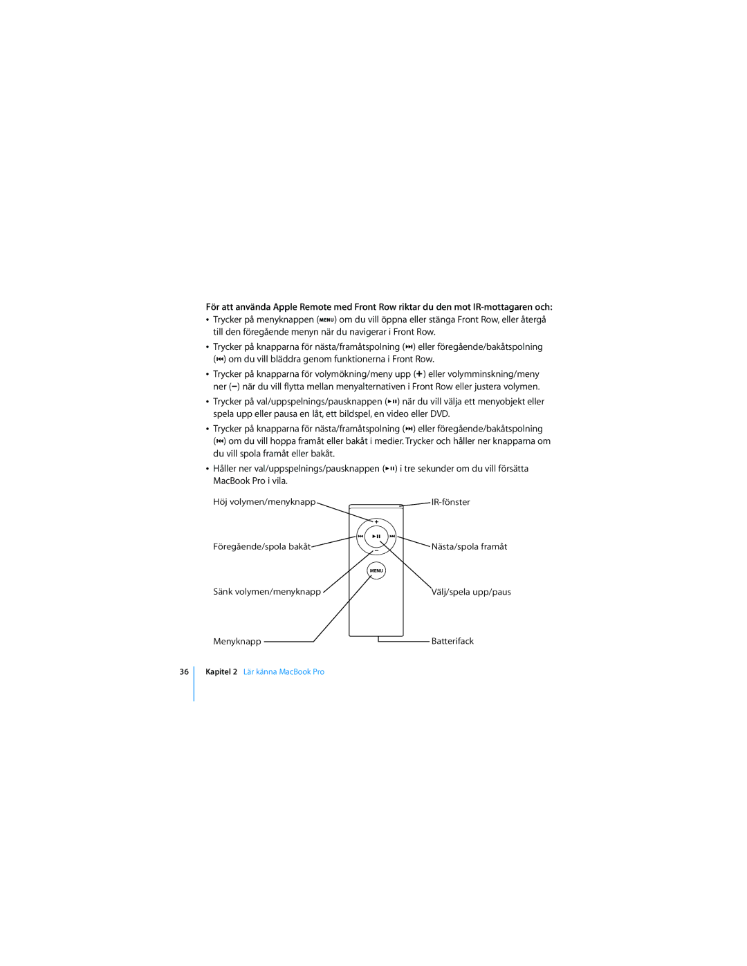 Apple 17-TUMS manual Menyknapp Batterifack 