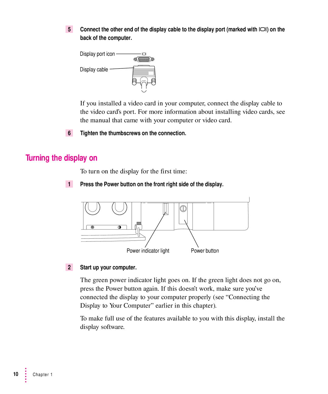 Apple 1705 Display manual Turning the display on, To turn on the display for the first time, Start up your computer 